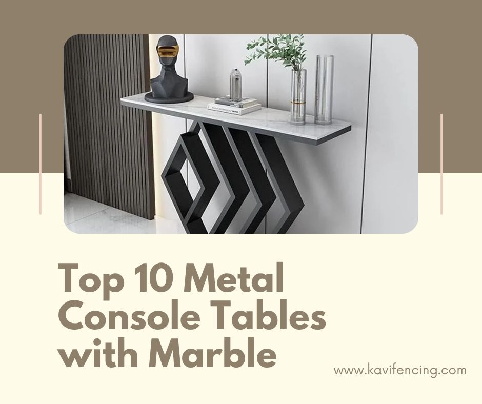 Industrial Black Metal Console Table with Grey Marble Top
